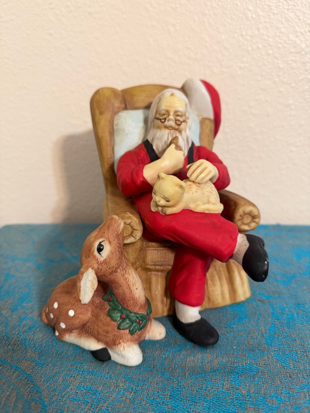 Vintage Hand Painted Porcelain Santa in Chair w/Deer Wind Up Musical